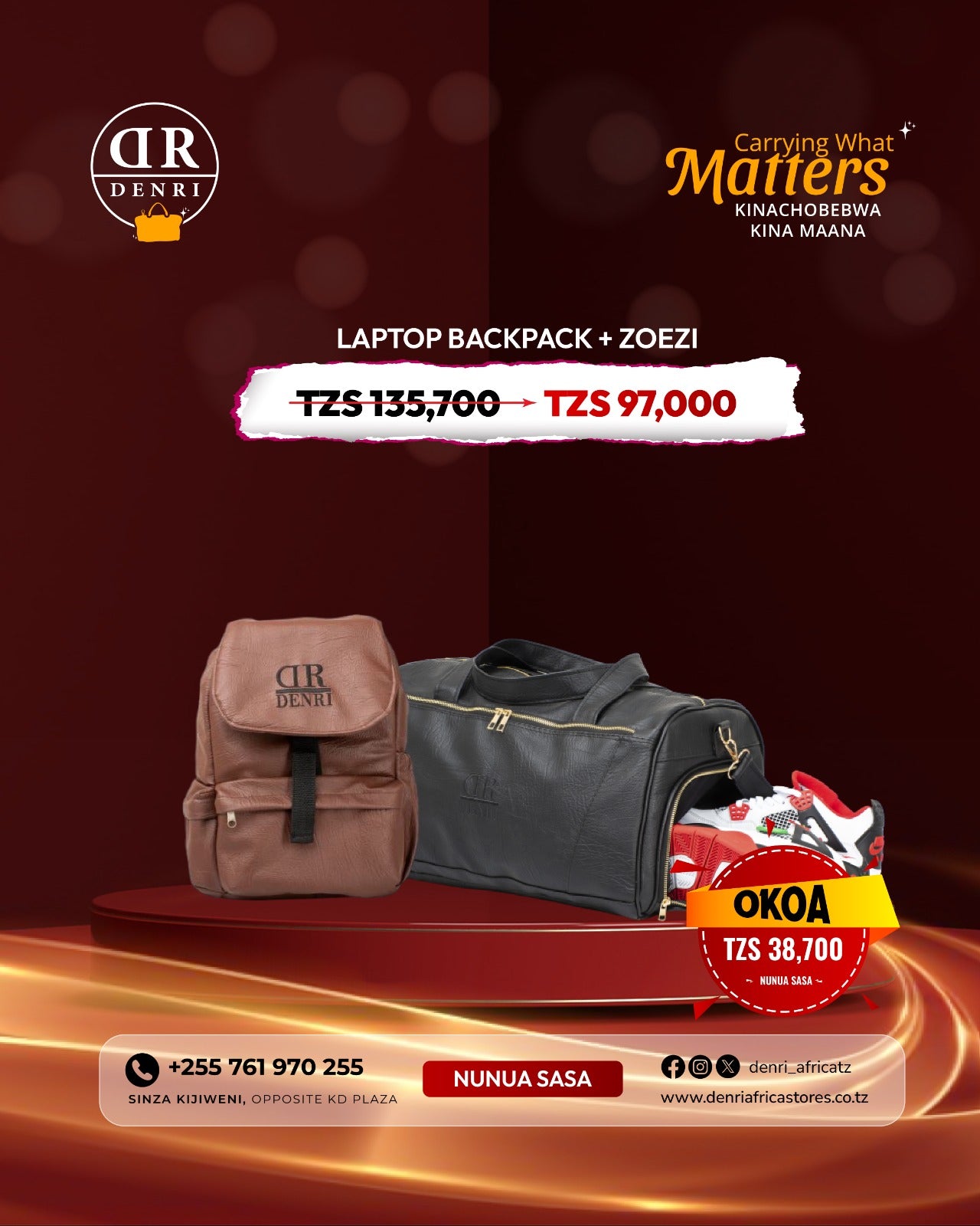 Denri Africa Laptop bag Backpack  and Denri Africa Zoezi Gym Bag offer combo. 