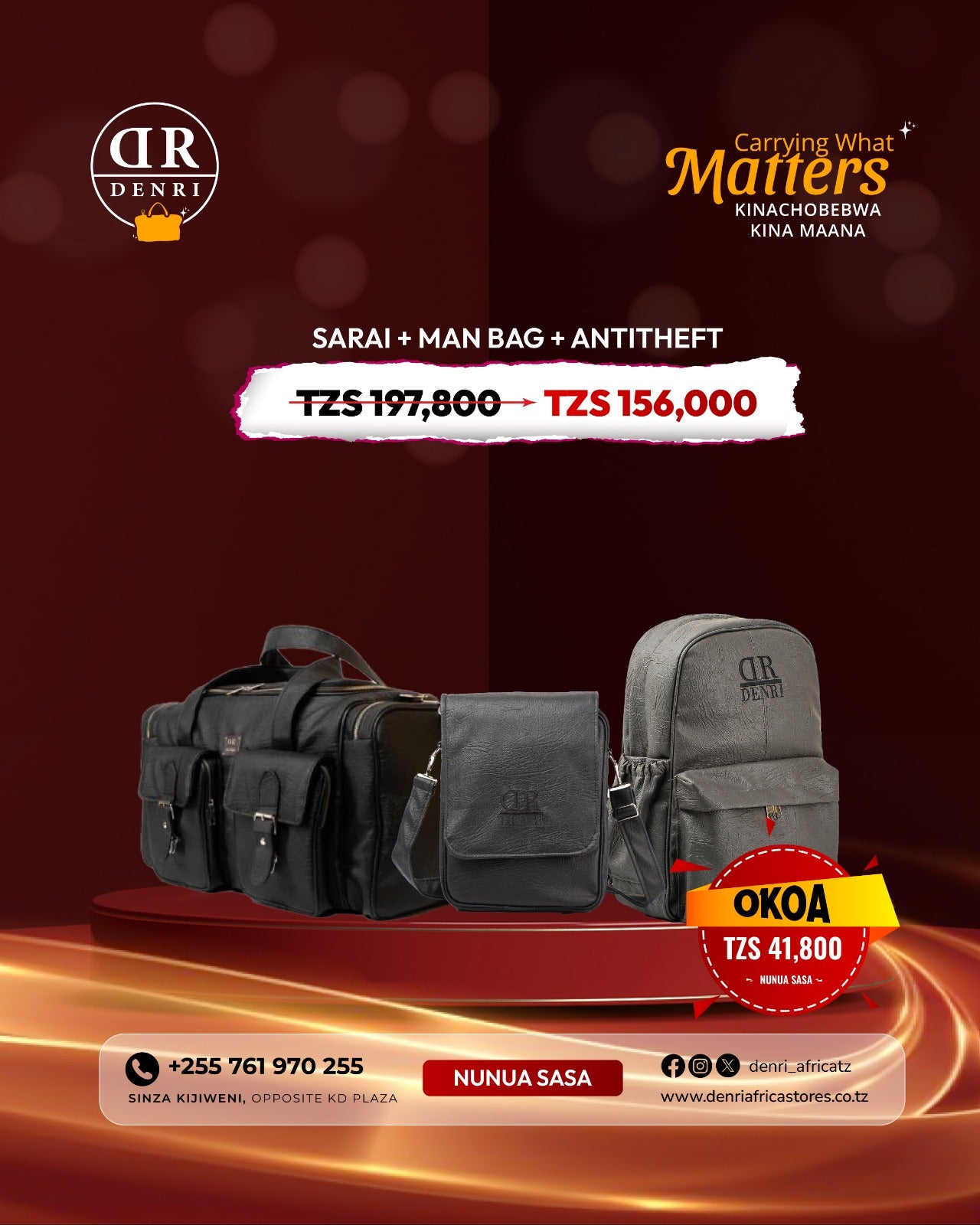 Denri Africa Sarai Large Duffle bag, Denri Man Bag and Denri Africa Anti Theft Laptop Bag offer combo. 