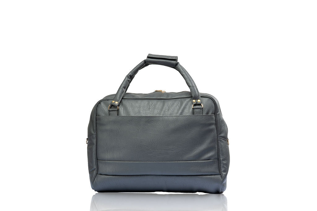 Denri Africa's gray Voyage Travel Bag. Minimalist vegan-leather duffle, roomy travel companion, neutral-tone travel bag.