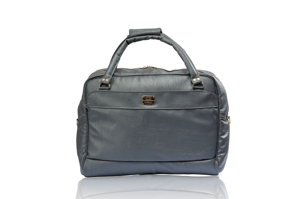 Denri Africa's gray Voyage Travel Bag. Extra-large travel carry bag, sleek vegan leather design, perfect for trips away.