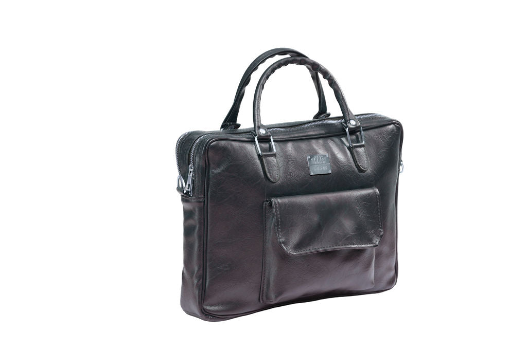 Denri Africa's Black Denri Sleek Professional Legacy Briefcase. Metallic-tone laptop bag, stylish vegan leather office briefcase, modern work accessory.
